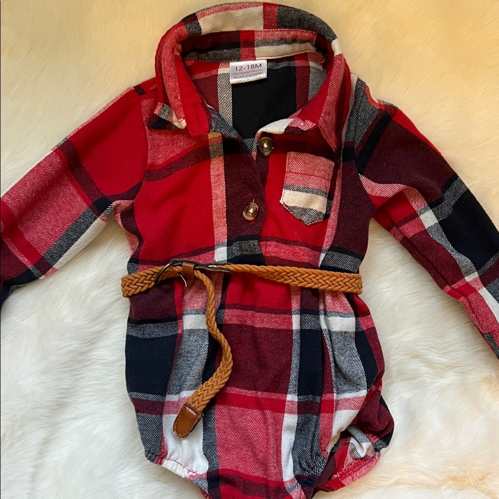 Plaid Baby Romper with Belt